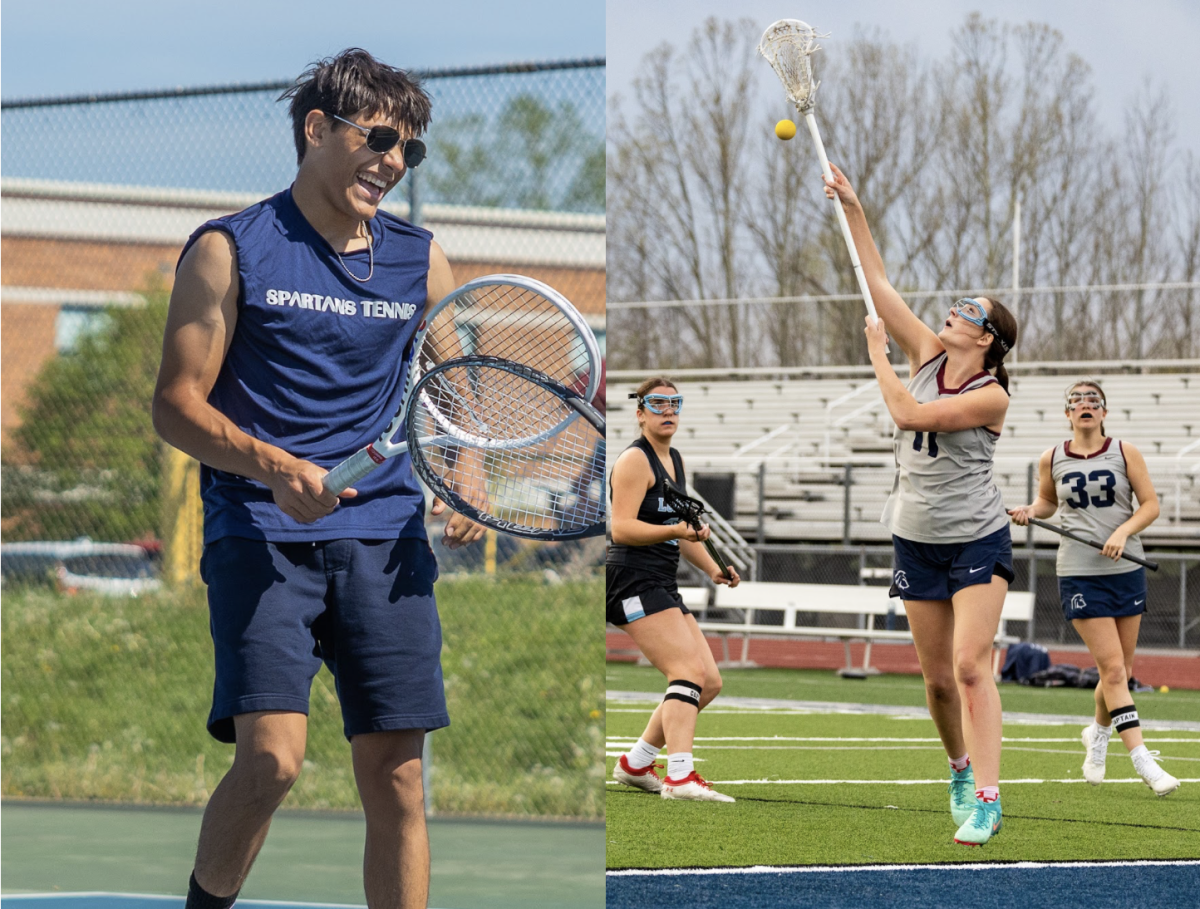 Left: Junior Vincent Castillo turns to tap rackets with his teammate. The two warm up before their match start. (Caroline Kraft) Right: Senior Mckenzie Schweitzer reaches to catch the ball with her lacrosse stick. She intercepts the pass that the opposing team makes. (Summer Suarez)